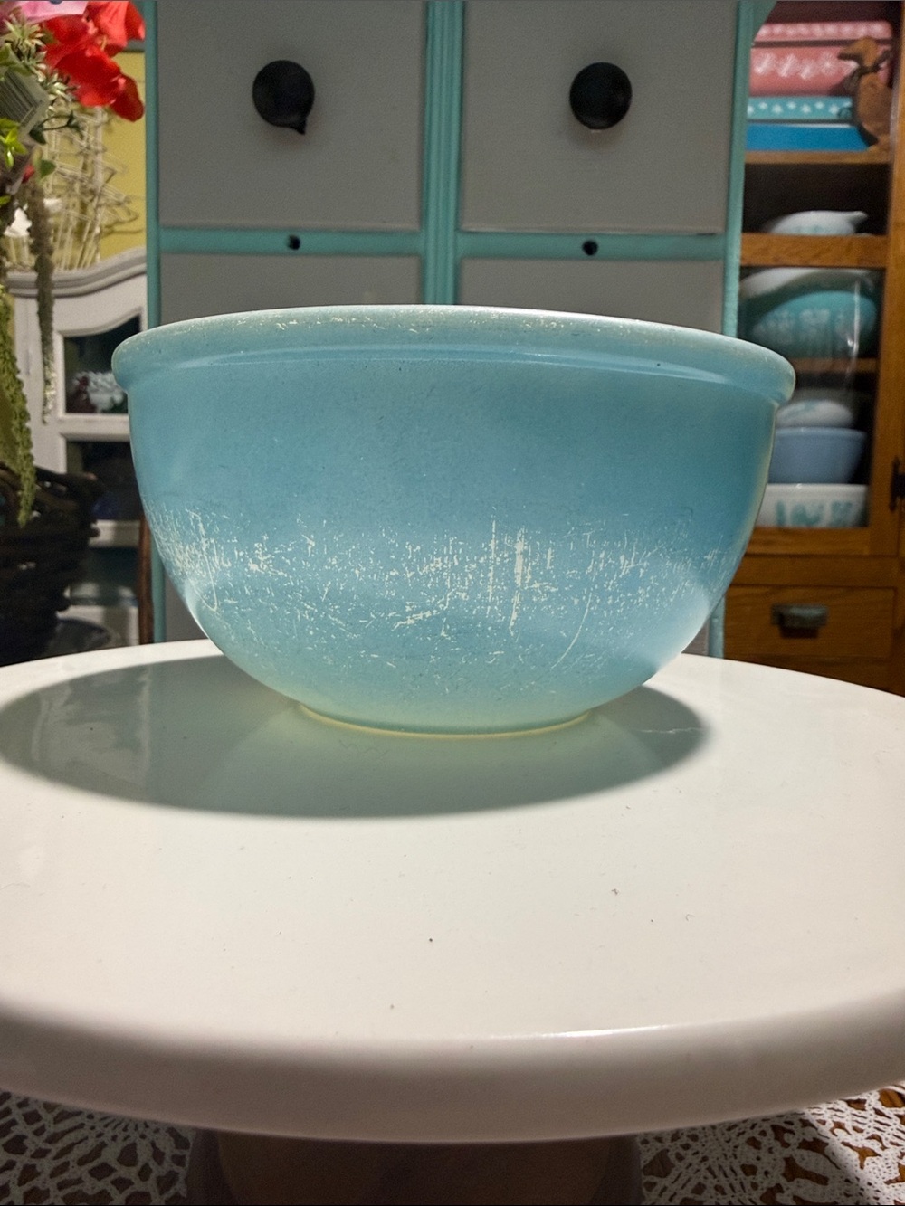 Vintage fire king HTF beaded rim rolled edge primary blue mixing bowl